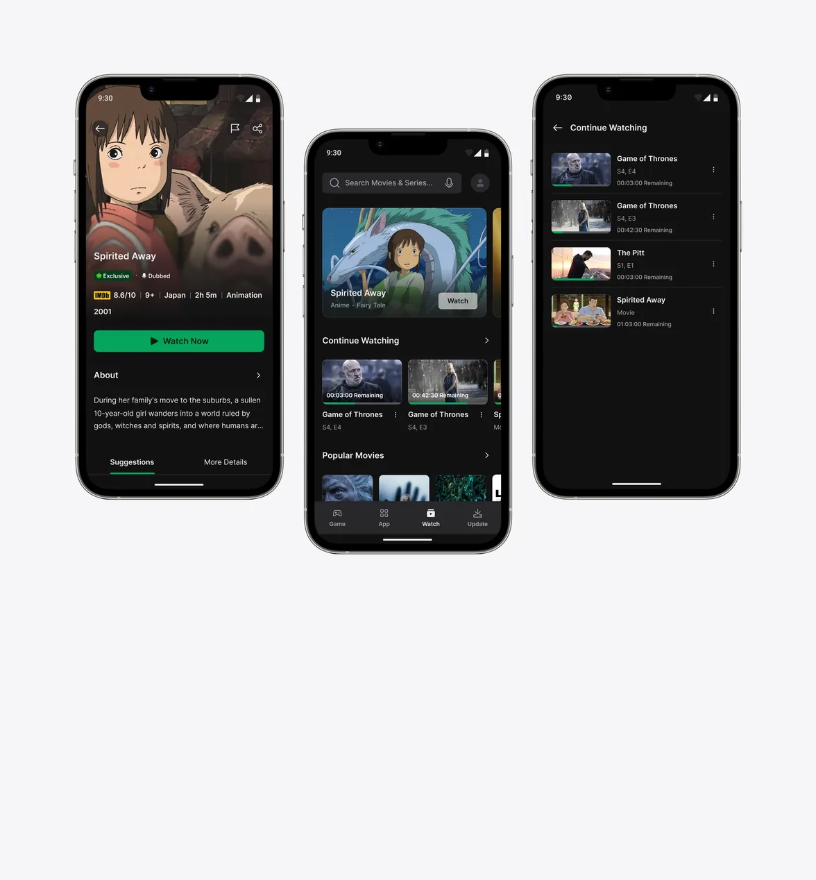 Three Cafe Bazaar Video phone screens on a light gray ground — the Spirited Away detail page, the Watch home feed, and the Continue Watching list