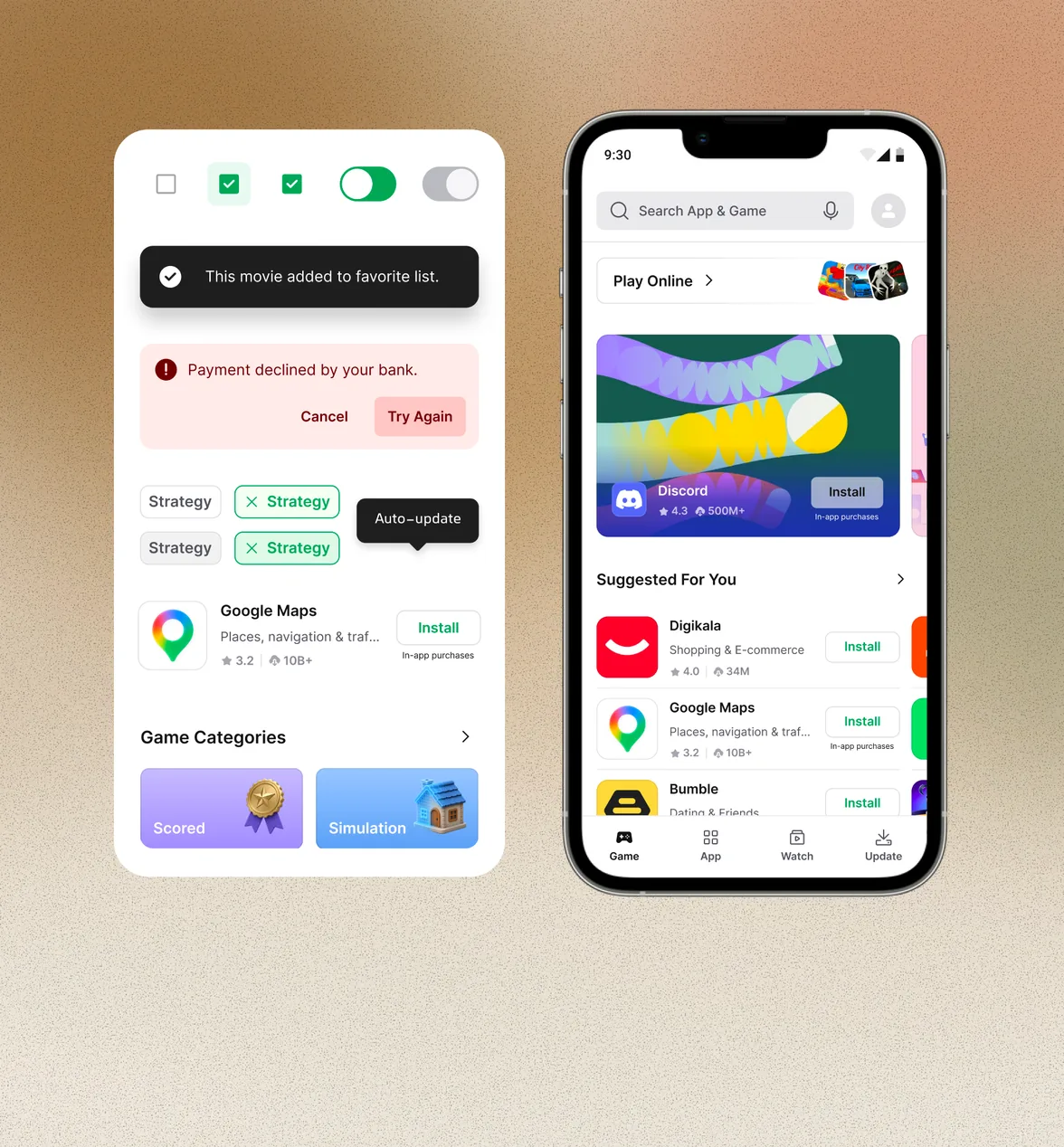 A sheet of Cafe Bazaar design system components — checkboxes, toggles, toasts, an error banner, chips, and category cards — beside a phone showing the Game store home, over a grainy ochre and cream gradient
