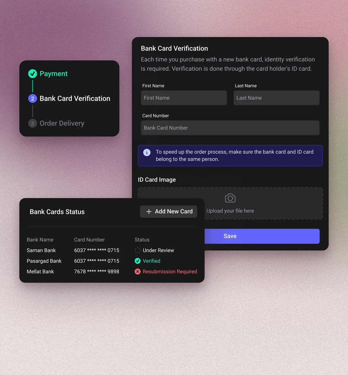 Paxit's Bank Card Verification form in dark mode — first and last name, card number, and an ID card upload above a Save button — beside a checkout stepper (Payment done, Bank Card Verification current, Order Delivery next) and a Bank Cards Status table listing three banks marked Under Review, Verified, and Resubmission Required, on a grainy dusty-plum gradient